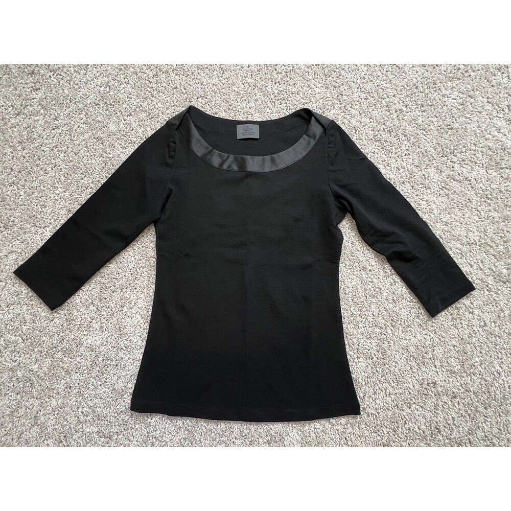 “Women Black Blouse Size S 3/4 Sleeve Satin Trim Office Work Elegant Top”